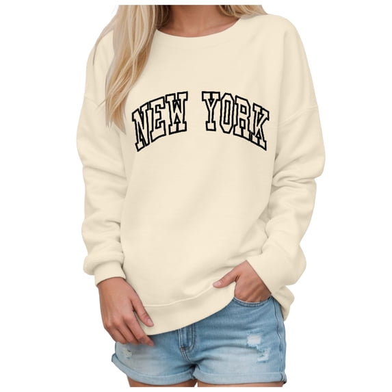 Blouse Tunics for Womens Fall Winter Loose Fit Crew Neck Long-sleeved Mitten-Cuff Drop Shoulder Plain Graphic Leisure Cotton Tops Top(Beige,L)