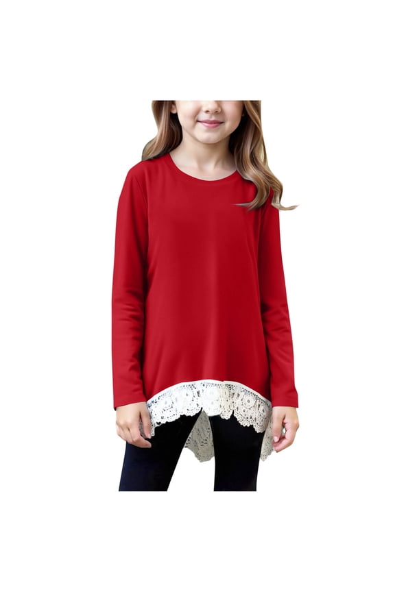 Blouse for Tween Children Fashion Long Sleeve Lace Hem T Shirts Loose Soft Casual Sport Blouse Tops Fall Crewneck Tees Size 4-15Y for Kids Workout Running Outdoor