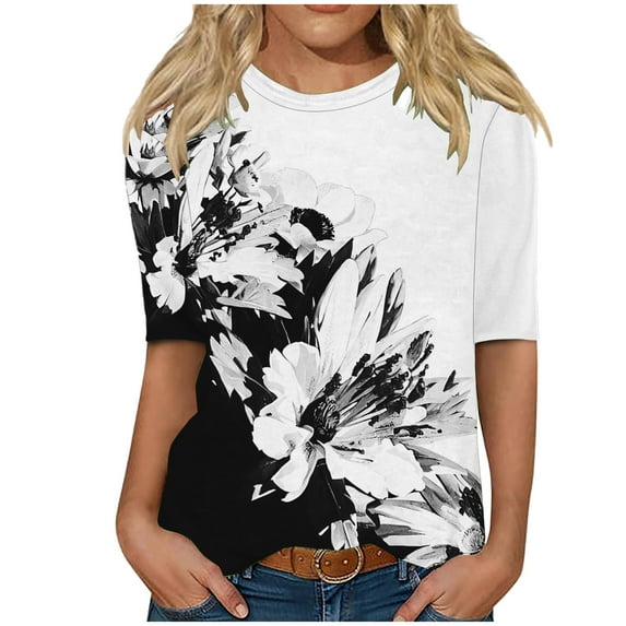 Blouse for Women Elegant Half Sleeve Summer Tops Vintage Floral Print Tunic Tops Tee Shirts Crewneck Casual Loose Pullover Tops Holiday Party Wear Tshirts Plus Size
