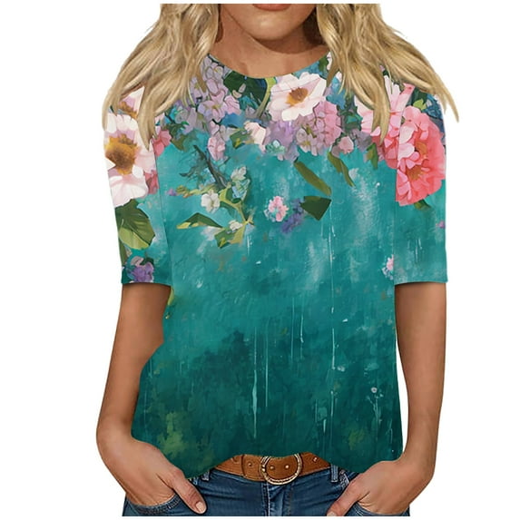 Blouse for Women Elegant Half Sleeve Summer Tops Vintage Floral Print Tunic Tops Tee Shirts Crewneck Casual Loose Pullover Tops Holiday Party Wear Tshirts Plus Size