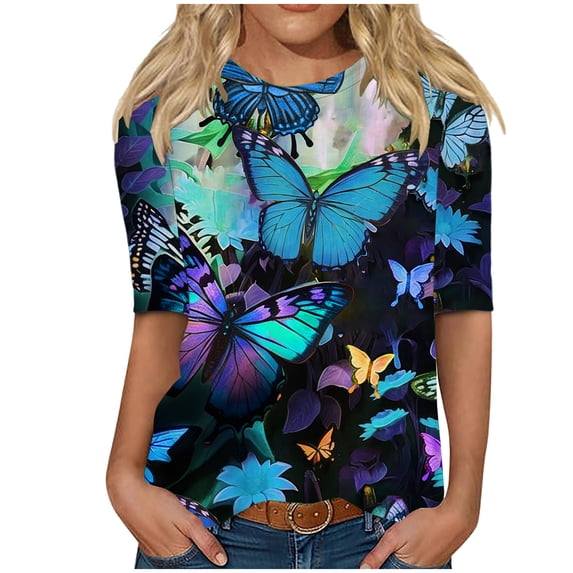 Blouse for Women Elegant Half Sleeve Summer Tops Vintage Floral Print Tunic Tops Tee Shirts Crewneck Casual Loose Pullover Tops Holiday Party Wear Tshirts Plus Size
