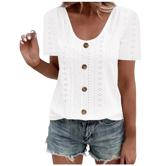 Blouse for Women Elegant Ladies Short Sleeve Summer Tops Hollow Out Button Tunic Tops U Neck Pullover Tops Breathable Casual Tee Shirts Solid Loose Tee Blouse