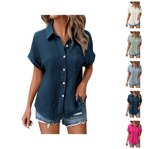 Blouse for Women – Linen Blouses Button Front Short Sleeve Tunic Tops for Work, Casual or Spring Travel "Women’s Solid Color Casual Batwing Sleeve Button Up Shirt"