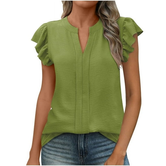 Blouse Women'S Ruffle Cap Sleeve Shirt Blouse with V-Neck T-Shirt Green S