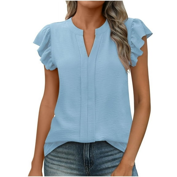 Blouse Women'S Ruffle Cap Sleeve Shirt Blouse with V-Neck T-Shirt Sky Blue XXL