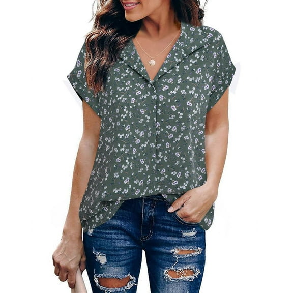 Blouse Women'S Short Sleeve Summer Tops Elegant Business Tunic Shirt Casual Blouses with Lapel Collar Green Florals M