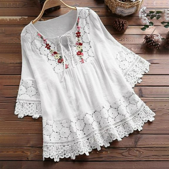 Blouse For Women Summer Vintage Lace Patchwork Bow V Neck Embroidery Summer 3/4 Sleeve Retro Solid Tops T Shirt Elbow Tops for Women Striped Short Sleeve Tee Womens Tee Shirts Womens Long Sleeved Tees