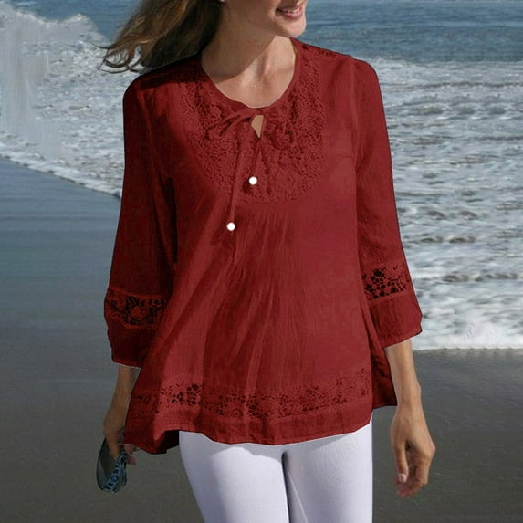 Blouse For Women Summer Vintage Lace Patchwork Bow V Neck Embroidery Summer 3/4 Sleeve Retro Solid Tops T Shirt Lightweight Long Sleeve Shirt Women Workout Clothes G Sleeve Shirts for Women Workout