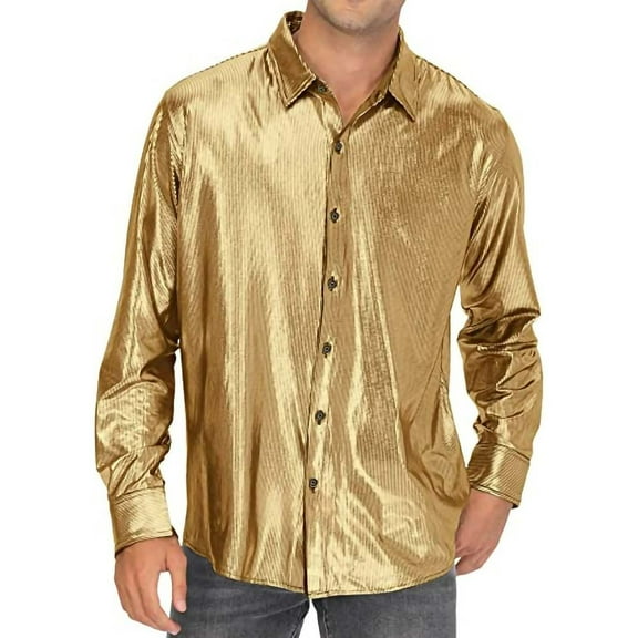 Blouse for Men,Mens Tops Long Sleeved Button Up Lapel Casual Formal Shirt Solid Color Sequin Party Shirt Yellow M
