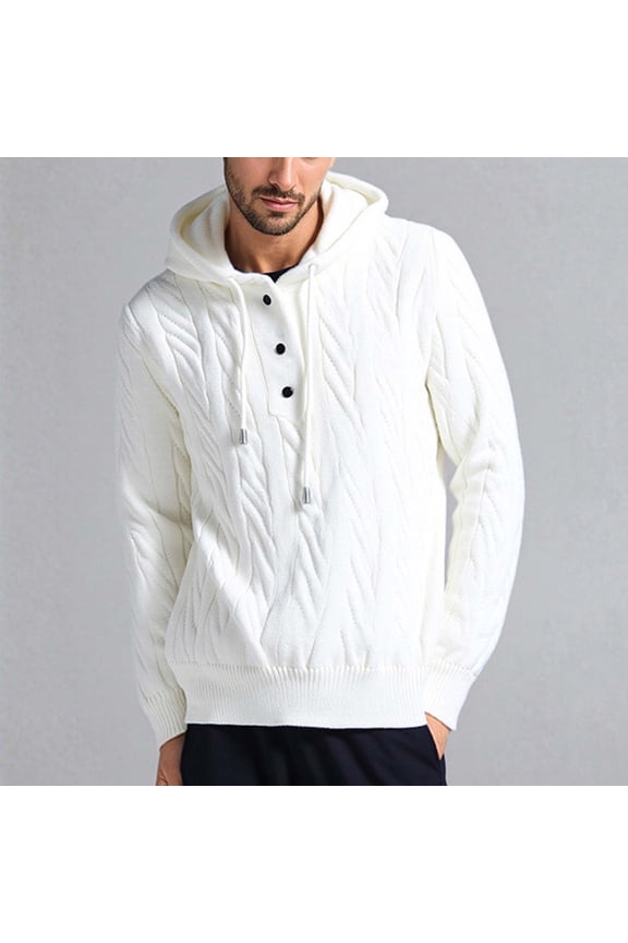 Blouse for Men Plus Size Long Sleeve Button Knit Hooded Elasticity Sweater Casual Base Layer Hood Sweater,Mens Tops White XL