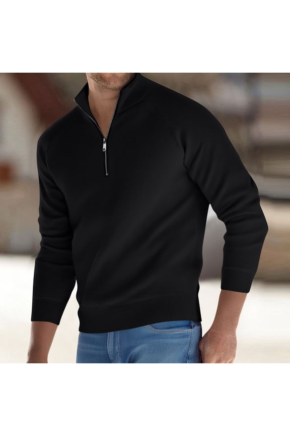 Blouse for Men Plus Size Long Sleeve Standing Collar Half Zipper Elasticity Casual Base Layer Knit Sweater,Mens Tops Black XL