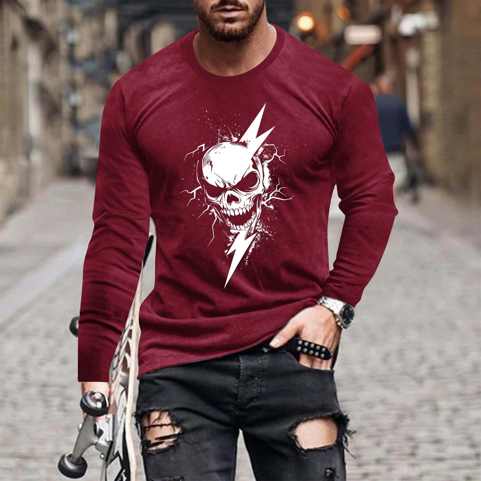 Blouse for Men Plus Size Long Sleeves Halloween Print Sports Round-Neck ...