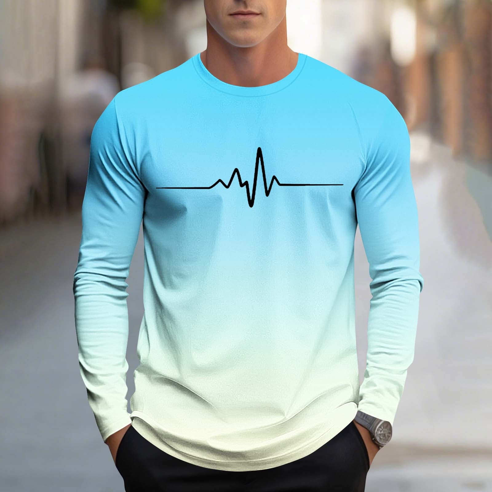 Blouse for Men Plus Size Long Sleeves Round-Neck Gradient Print Sports ...