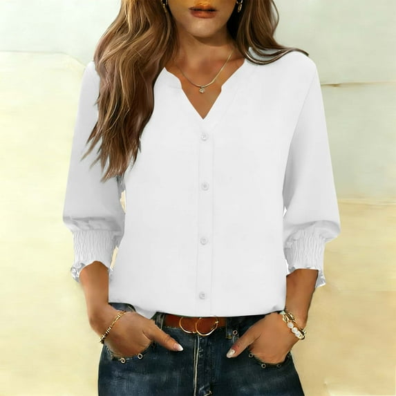Blouse for Women 3/4 Quarter Sleeve V-neck Button Up Cardigan Jacket White XXL