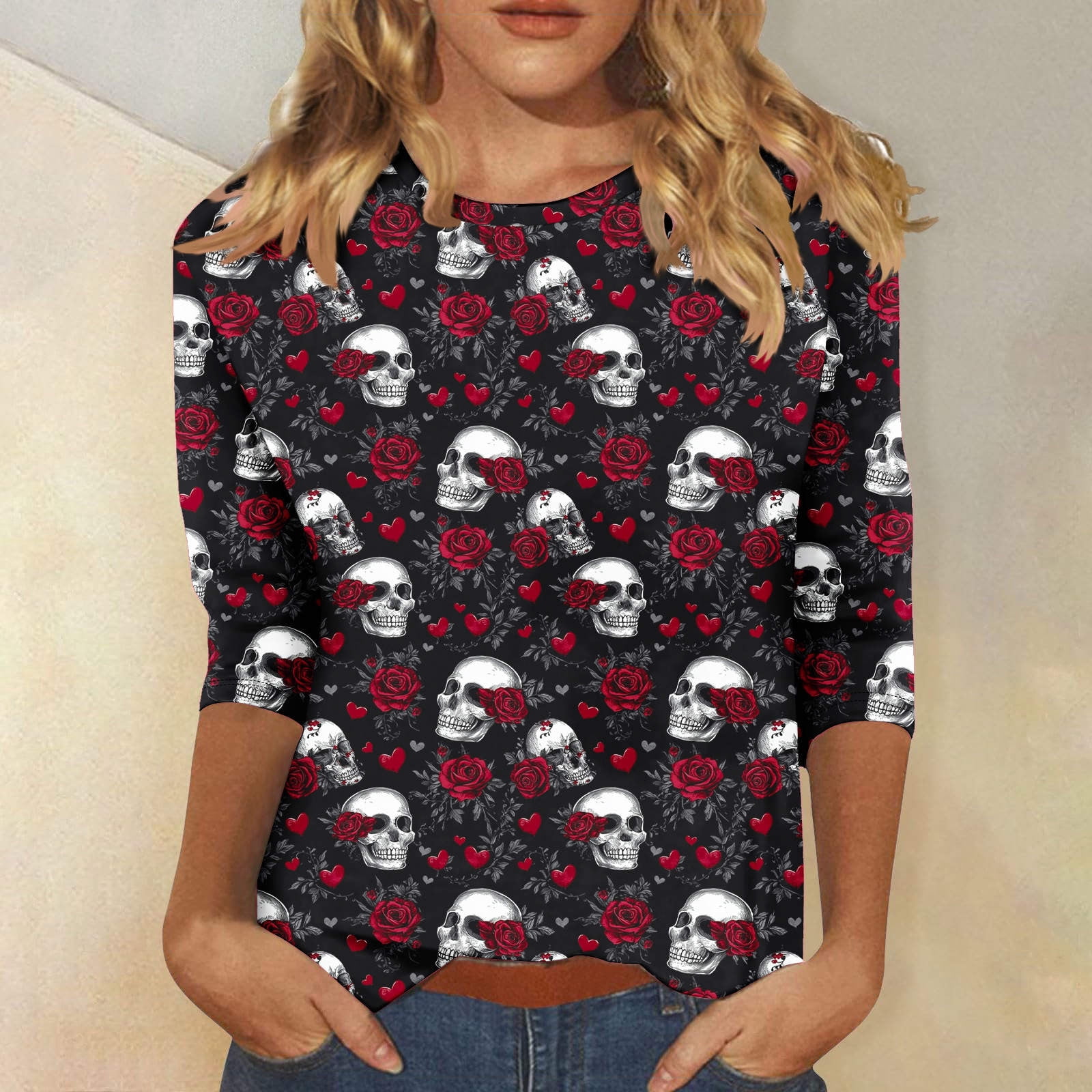 Blouse for Women 3/4 Sleeve Halloween Print Round-Neck Casual T-shirt 5 ...