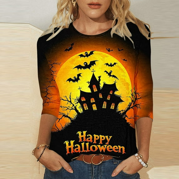 Blouse for Women 3/4 Sleeve Halloween Printed Round Neck Loose T-shirt 1-Multicolor XL
