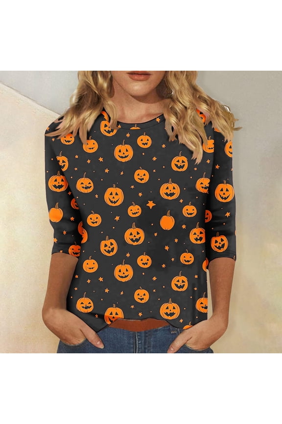 Blouse for Women 3/4 Sleeve Halloween Pumpkin Print Round-Neck Casual T-shirt 1-Multicolor XL