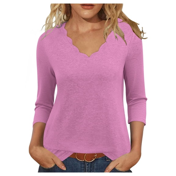 Blouse for Women 3/4 Sleeve V-neck Solid Color Summer Pullover Top Hot Pink XL