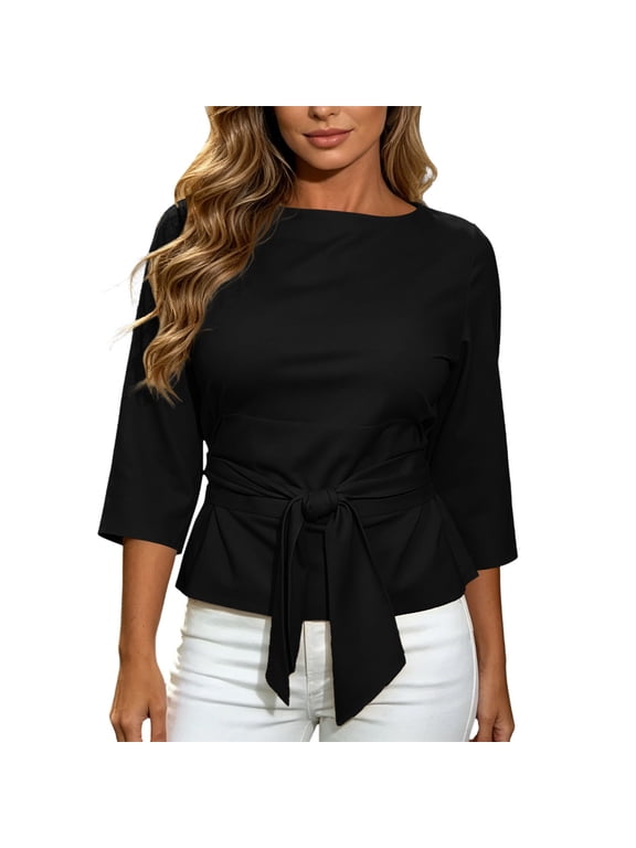 Blouse for Women Boat Neck 3/4 Sleeve Waist Tie Peplum Hem Solid Elegant Work Office Blouse Top