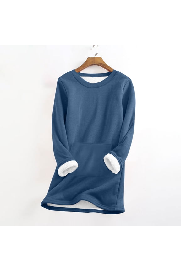 Blouse for Women Casual New Womens Fleece Lined Pullover Winter Warm Crew Neck Sweatshirt Plus Size Solid Color Fall Tops with Pockets Blue L