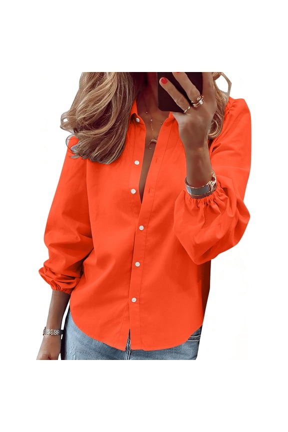 Blouse for Women Dressy Casual Long Sleeve Shirt Lapel Neck Solid Color Women's Plus Size Tops, Orange 4XL