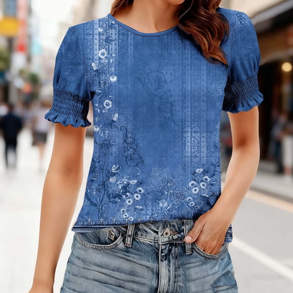 Blouse for Women Dressy Casual Puff Short Sleeve Boho Tops Fashion Floral Crew Neck Tunic Shirts Summer Tops Cute Tops For Women