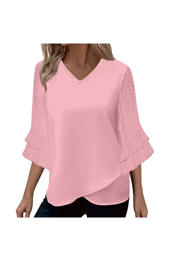 Blouse for Women Dressy Casual Summer Chiffon 3/4 Sleeve Tops Business Work Shirts Double Layered Tunic Evening Party