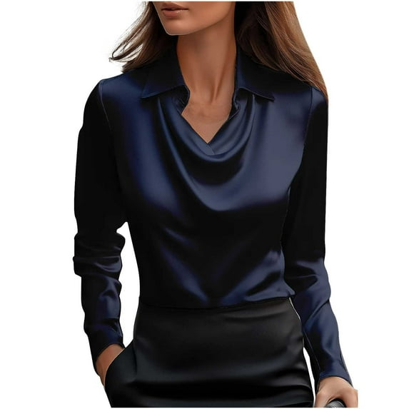 Blouse for Women Dressy New Women's Elegant Satin Silk Blouse Cowl Neck Ruched Front Draped Long Sleeve Work Office Shirt Tops Navy M