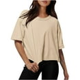 thumbnail image 1 of Blouse for Women Drop Shoulder Round Neck Oversized Crop Workout Tops Tees Khaki M, 1 of 5