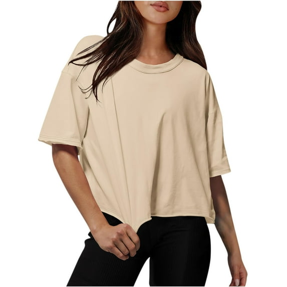 Blouse for Women Drop Shoulder Round Neck Oversized Crop Workout Tops Tees Khaki M