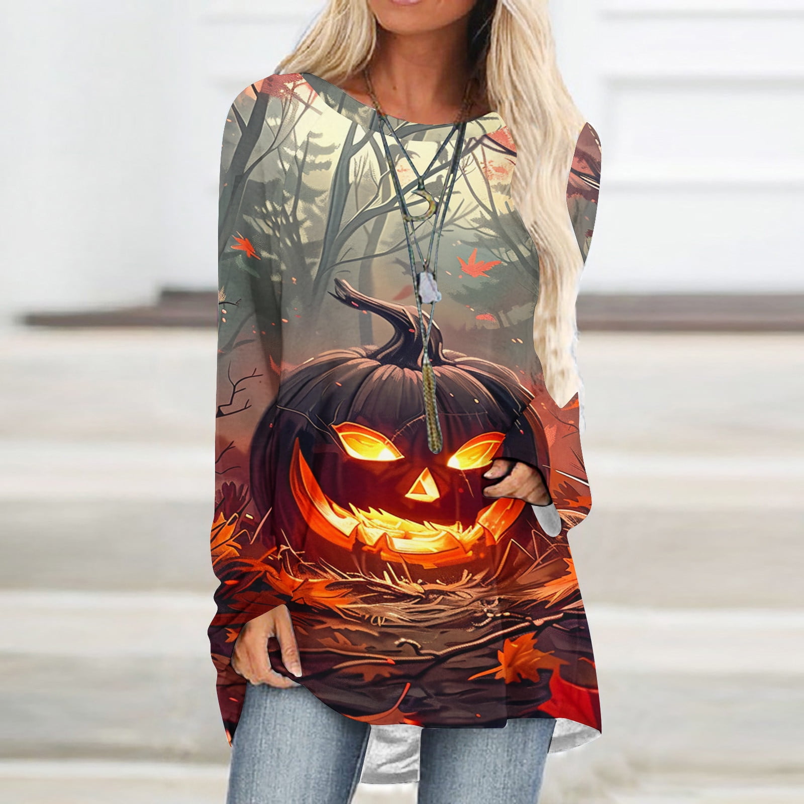 Blouse for Women Halloween Printed Long Sleeved Round Neck Pullover Blouse for Women Halloween Printed Long Sleeved Round Neck Pullover