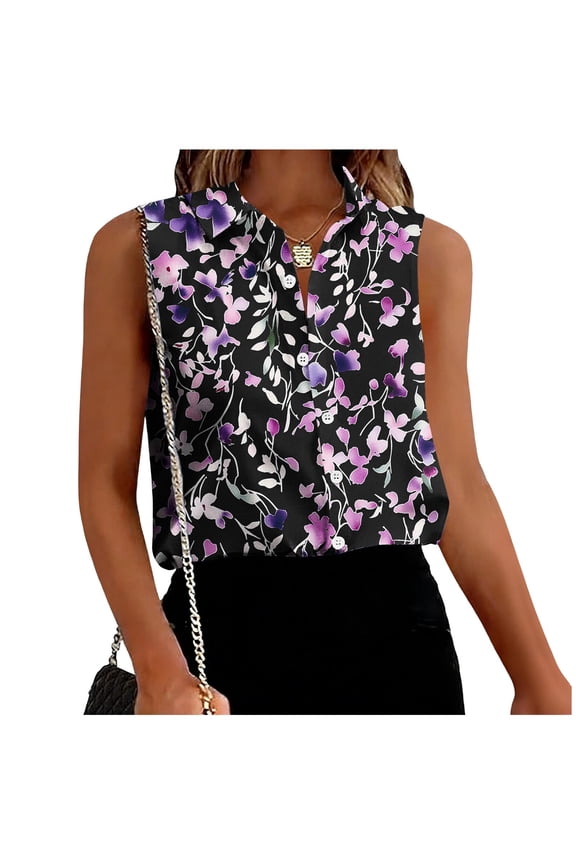 Blouse for Women Lapel V Neck Sleeveless Boho Loose Fit Tropical Leaf Floral Print Lightweight Summer Casual Fashion Button Down Top