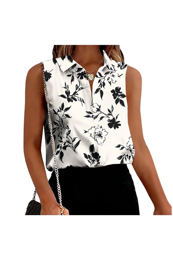 Blouse for Women Lapel V Neck Sleeveless Fashion Loose Fit Abstract Polka Dot Print Lightweight Summer Casual Button Down Top