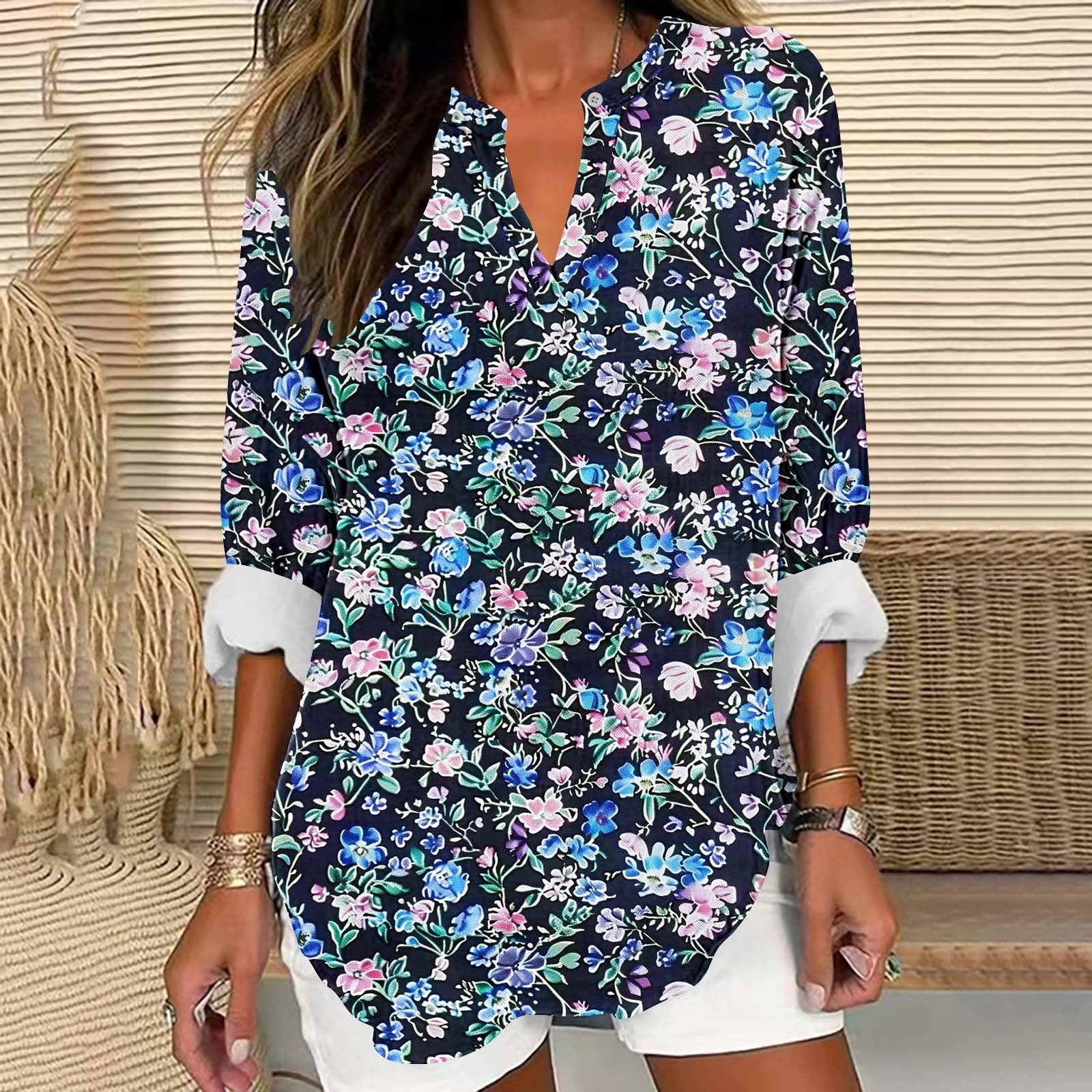 Blouse for Women Long Sleeve Floral Printed V-Neck Button Casual Loose Top 1-Multicolor L ...
