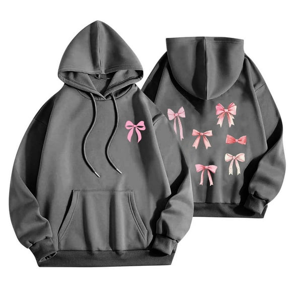Blouse for Women Long Sleeve Hoodies Bow Tie Print Casual Fall Loose Pullover Hooded Sweatshirt Dark Gray M,Women Sweatshirt