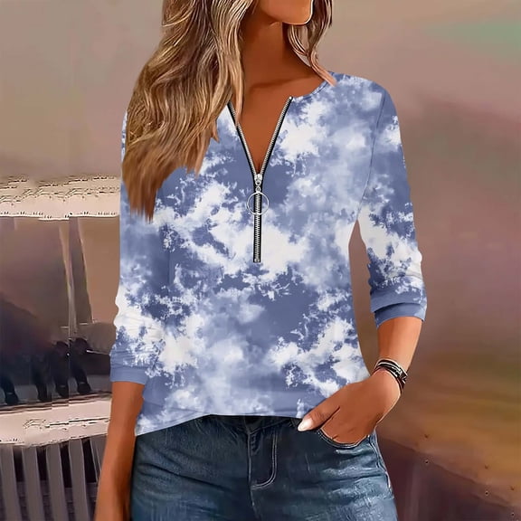 Blouse for Women Long Sleeve Zipper Printed Casual Round Neck T-shirt Blouse Navy L