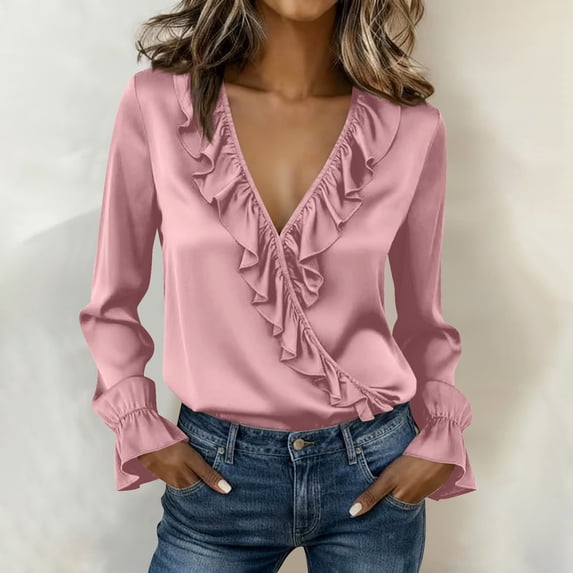 Blouse for Women Long Sleeved Casual Lace Pleated V-neck Shirt Top Pink XXL