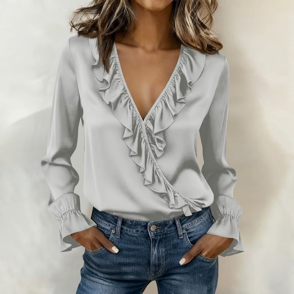 Blouse for Women Long Sleeved Casual Lace Pleated V-neck Shirt Top Silver XL