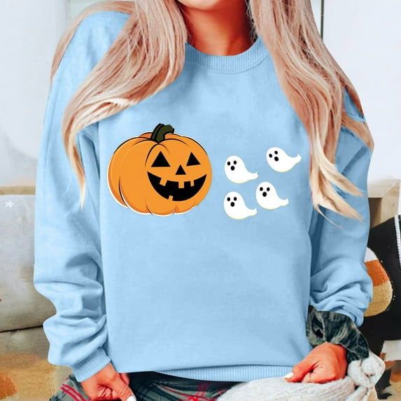 Blouse for Women Long Sleeved Hoodie Round Neck Halloween Printed Loose Sweatshirts 4-Light Blue L