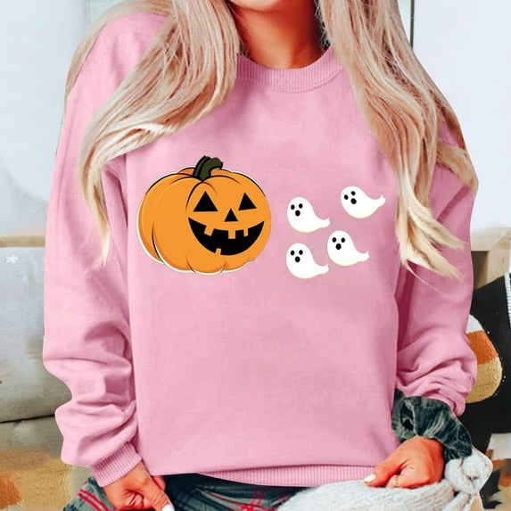 Blouse for Women Long Sleeved Hoodie Round Neck Halloween Printed Loose Sweatshirts 4-Pink L