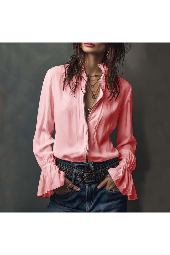 Blouse for Women Long Sleeved Solid Color Lapel Zip-Front Flounce Cuffs Blouse Pink XXL