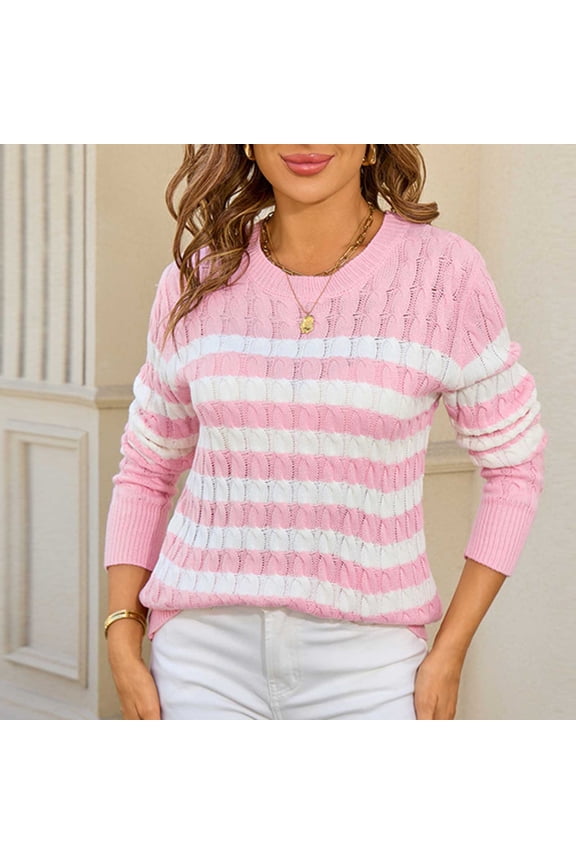 Womens Sweater Striped Long Sleeved Sweater Round Neck Patchwork Knitted Sweater Top Pink M Sweater for Women