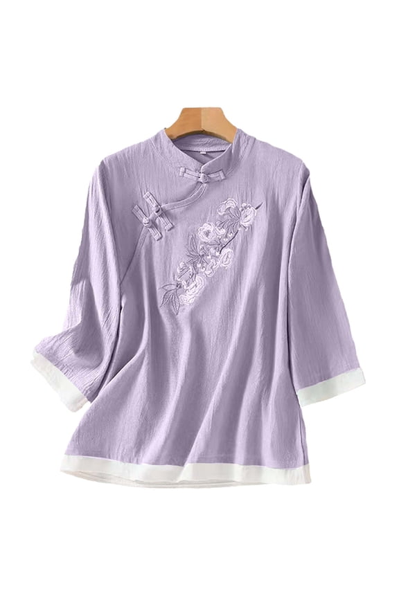 Blouse for Women Mandarin Collar Three Quarter Sleeve Vintage Traditional Style Embroidered Floral Design Soft Fabric Top