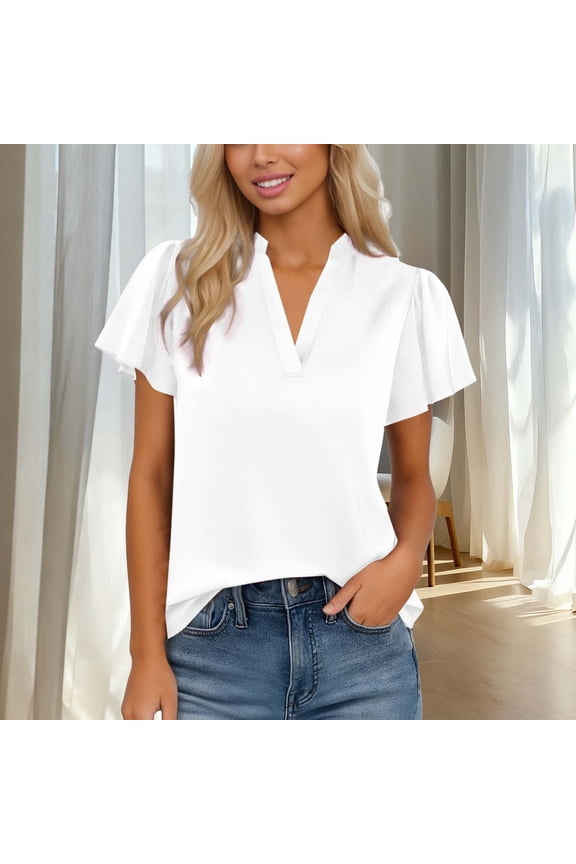 Blouse for Women Notch V Neck Short Flutter Sleeve Casual Loose Fit Solid Lightweight Chiffon Feel Fabric Office Workwear Summer Fashion Top