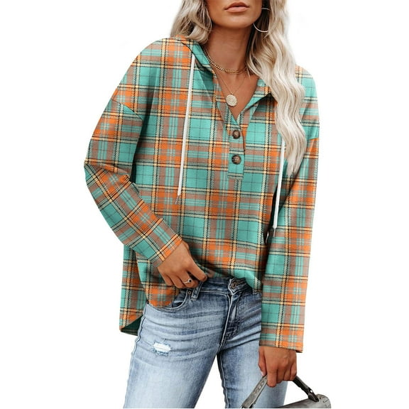 Blouse for Women Plaid Print Long Sleeve Button Drawing Hooded Casual Blouse Shirt,Tops for Women Multicolor L