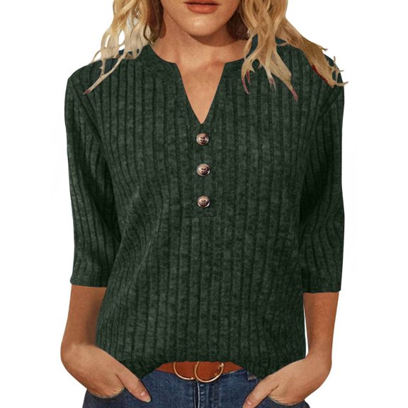 Blouse for Women Plus Size 3/4 Sleeve Casual Solid Color V-Neck T-shirt Blouse Green L