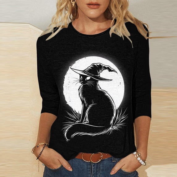 Blouse for Women Plus Size 3/4 Sleeve Cat Halloween Printed Round Neck Loose T-shirt 7-Black XXXL