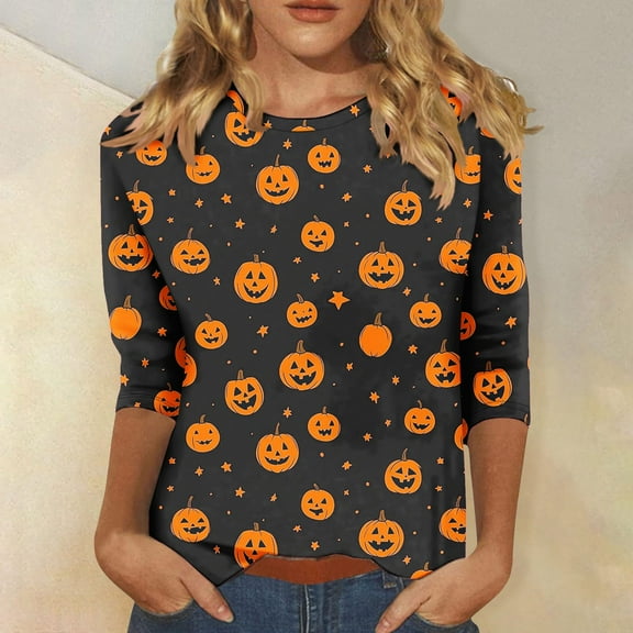 Blouse for Women Plus Size 3/4 Sleeve Halloween Pumpkin Print Round-Neck Casual T-shirt 1-Multicolor XXXL