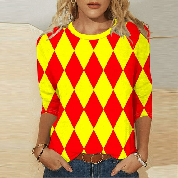 Blouse for Women Plus Size 3/4 Sleeve Round Neck Casual Printed T-shirt Blouse Yellow XXXXL