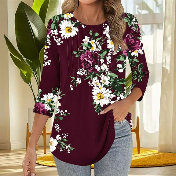 Blouse for Women Plus Size 3/4 Sleeved Round Neck Printed Casual Top T-shirt Wine XXL